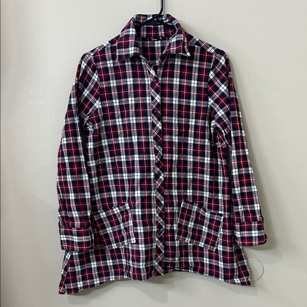 Shana Plaid Button-Up Tunic Top Sz M